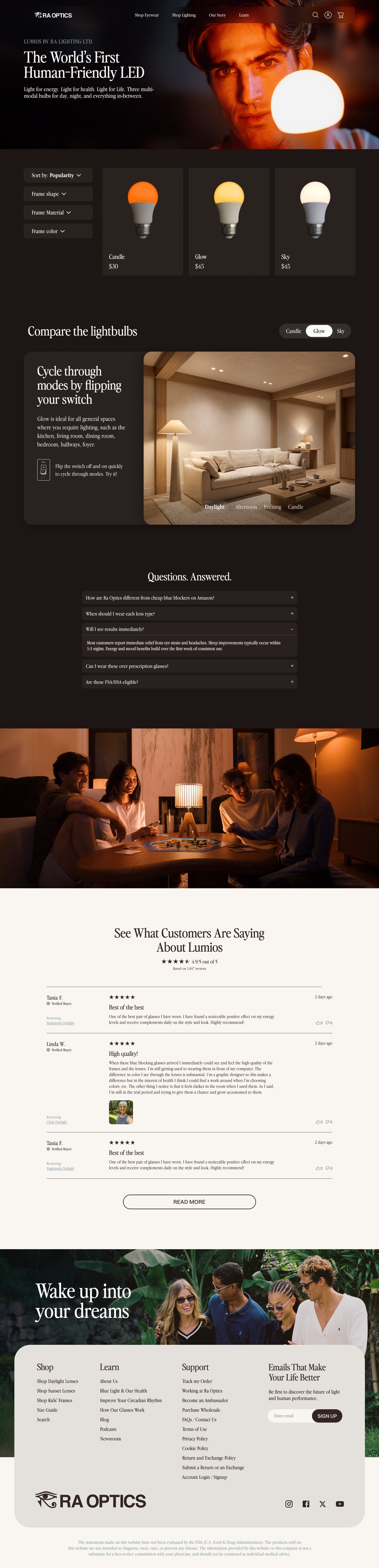 LUMIOS desktop launch website, from product introduction to the lightbulb comparison and product range